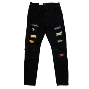 Men's Premium Distressed Jet Black Wash Colorful Stones Patch Distressed Denim Jeans