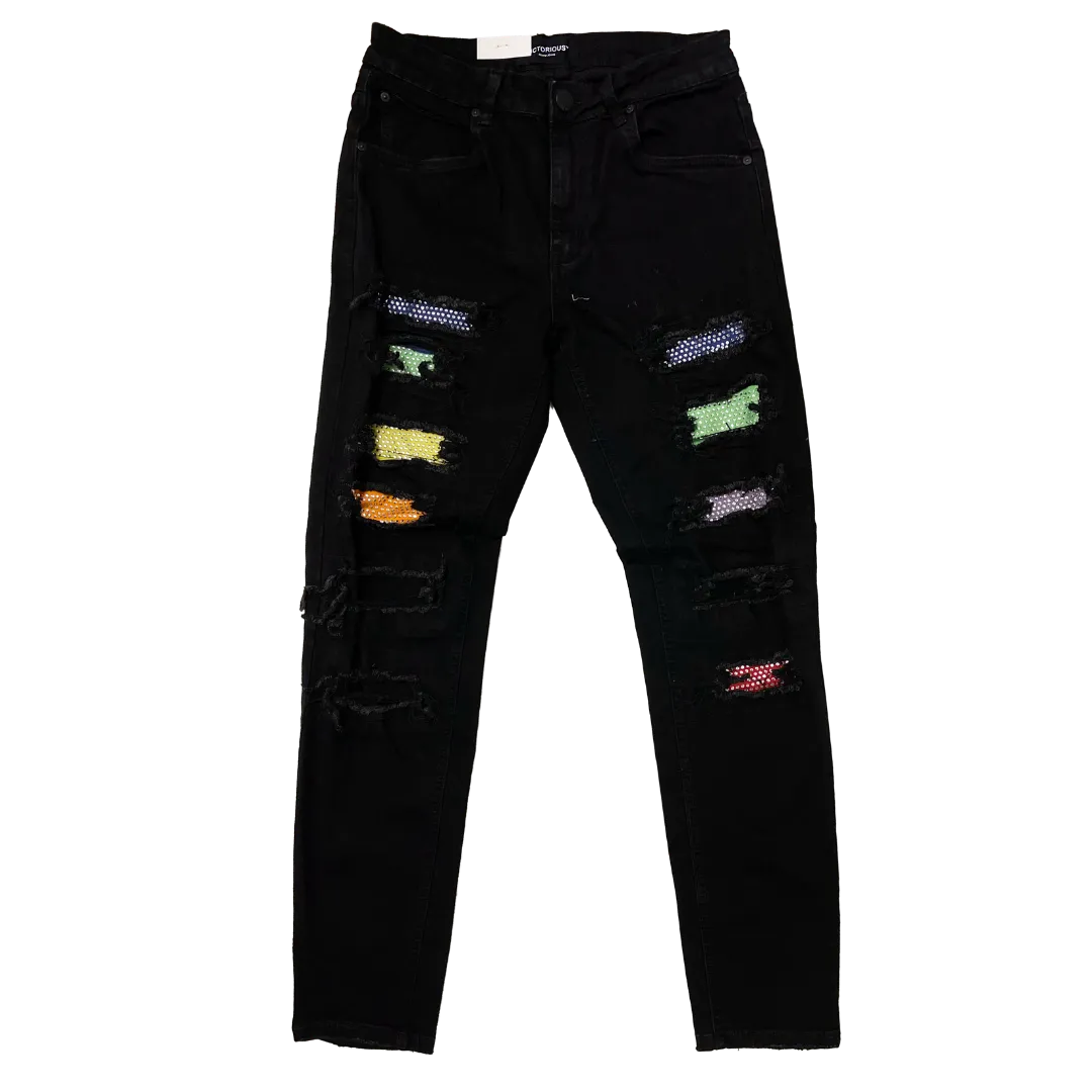 Men's Premium Distressed Jet Black Wash Colorful Stones Patch Distressed Denim Jeans