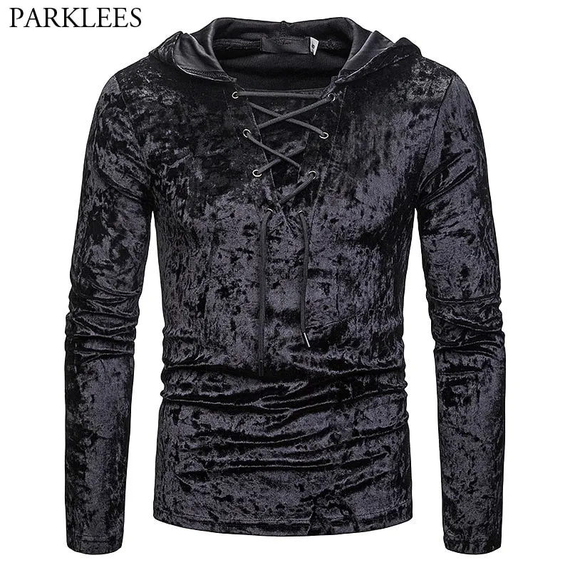 Men's Scottish Jacobite Ghillie Kilt Lace-up Hooded T-shirt Long Sleeve Velvet Hoodies Tshirts Male Hip Hop Casual Black Top Tee