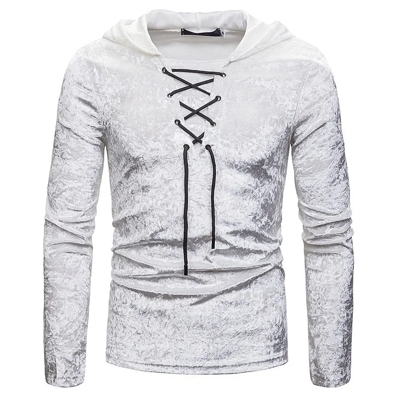 Men's Scottish Jacobite Ghillie Kilt Lace-up Hooded T-shirt Long Sleeve Velvet Hoodies Tshirts Male Hip Hop Casual Black Top Tee