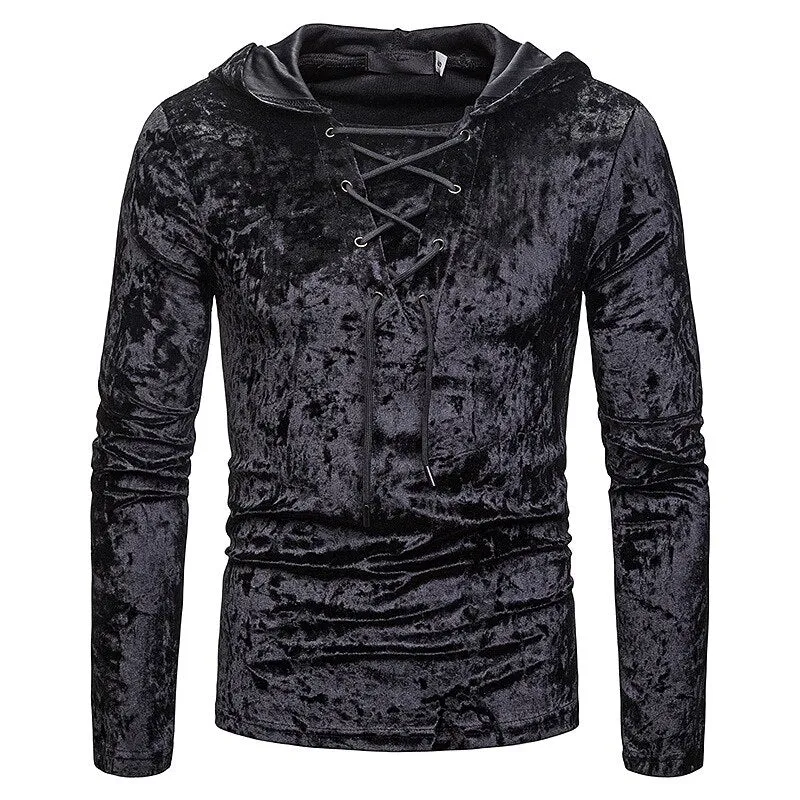 Men's Scottish Jacobite Ghillie Kilt Lace-up Hooded T-shirt Long Sleeve Velvet Hoodies Tshirts Male Hip Hop Casual Black Top Tee