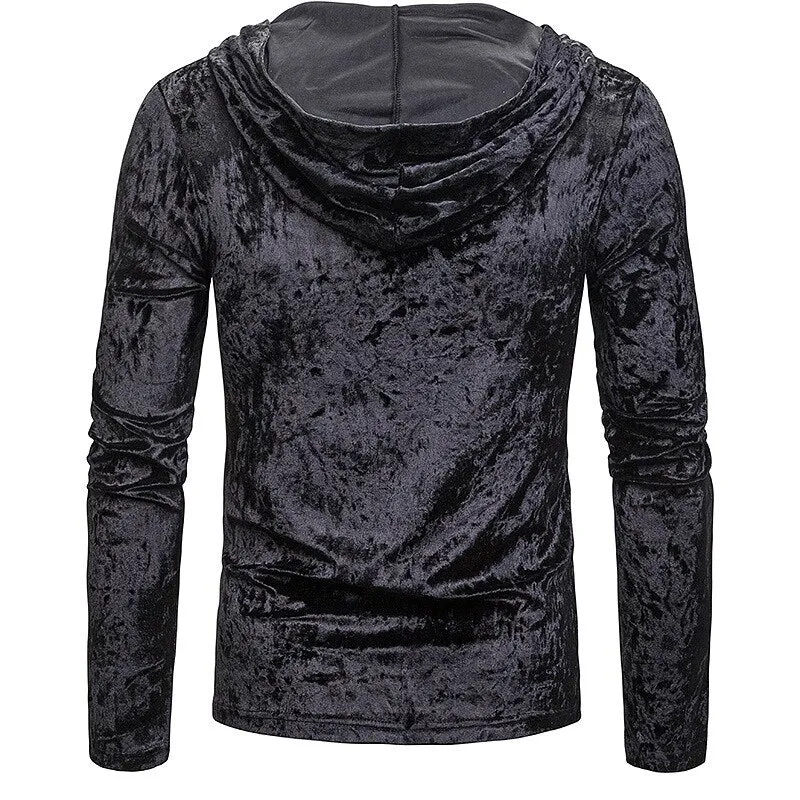 Men's Scottish Jacobite Ghillie Kilt Lace-up Hooded T-shirt Long Sleeve Velvet Hoodies Tshirts Male Hip Hop Casual Black Top Tee