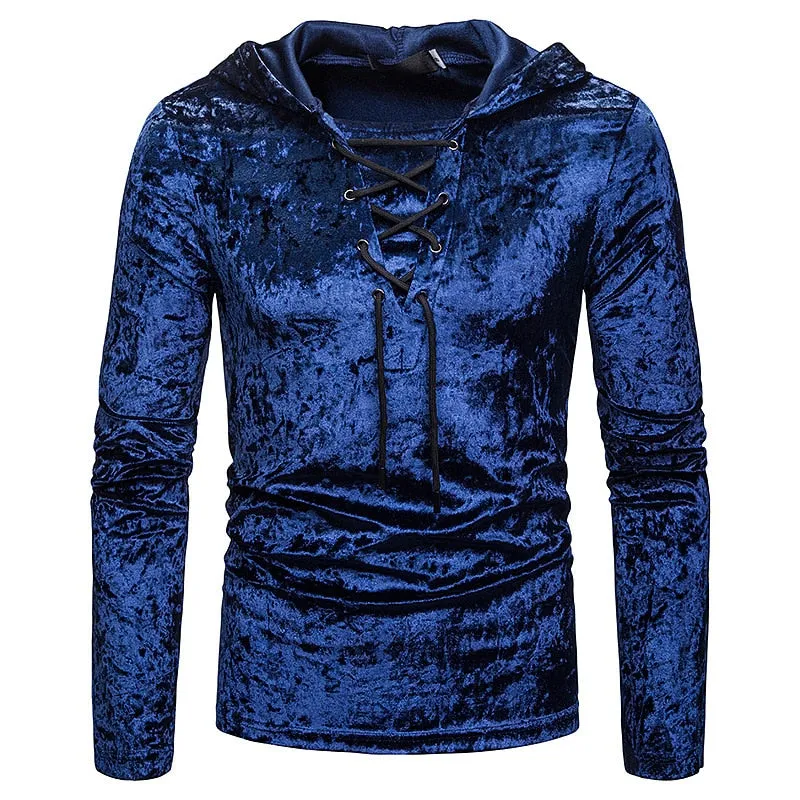 Men's Scottish Jacobite Ghillie Kilt Lace-up Hooded T-shirt Long Sleeve Velvet Hoodies Tshirts Male Hip Hop Casual Black Top Tee
