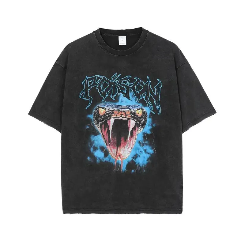 Men's Vintage Snake Head T-Shirt with Natural Scenery Print - 100% Cotton Comfort