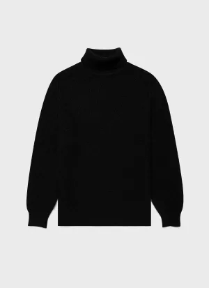 Men's WM Brown Aran Roll Neck in Dark Navy Mouline