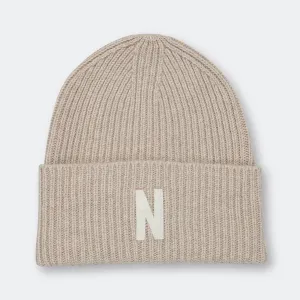 Merino Lambswool Rib N Logo Beanie - Oatmeal