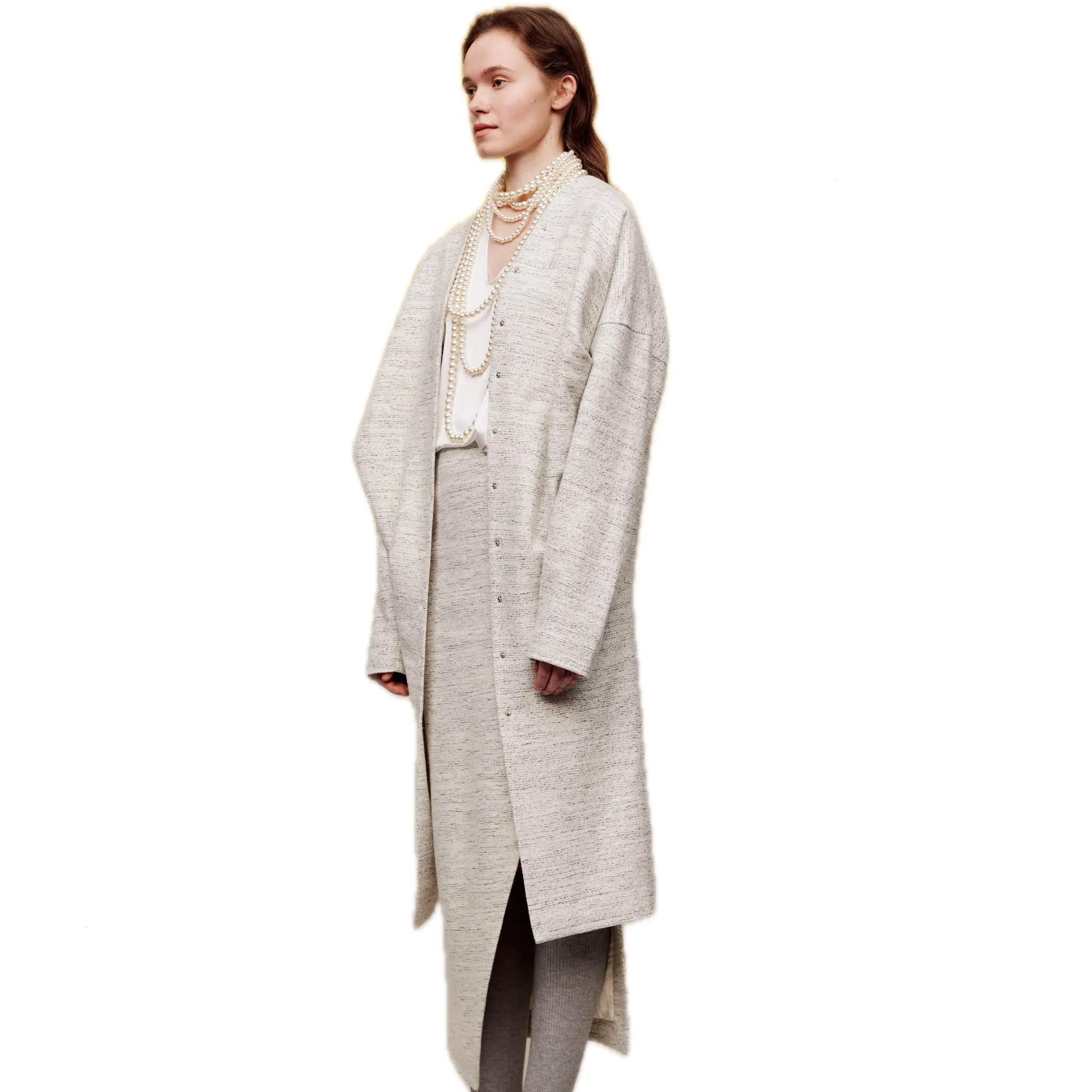 Multi-button Collarless Heather Wool Coat