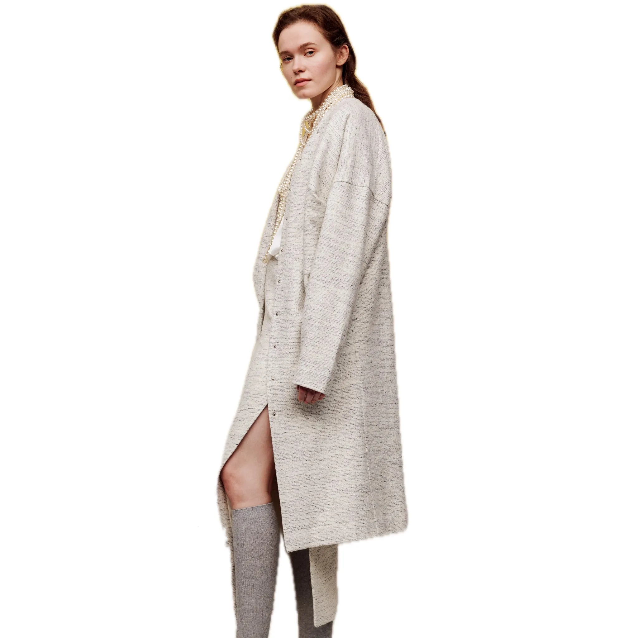 Multi-button Collarless Heather Wool Coat