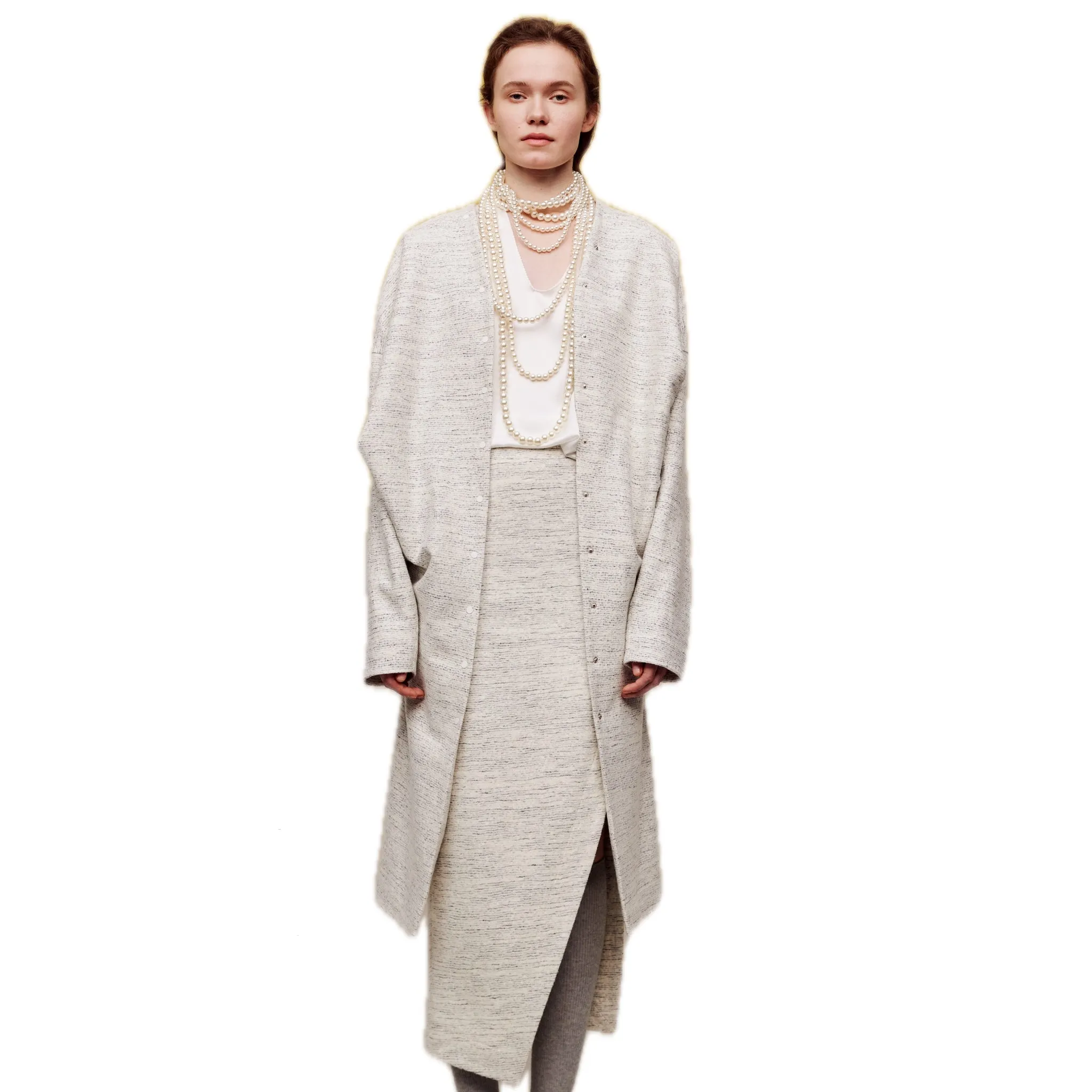 Multi-button Collarless Heather Wool Coat