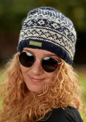 Navy Blue and White Mix Winter Woolen Beanie