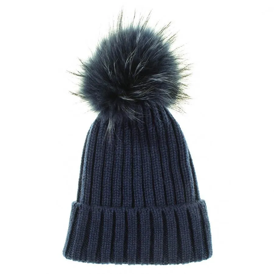 Navy Cashmere and Fur Pom Pom Hat