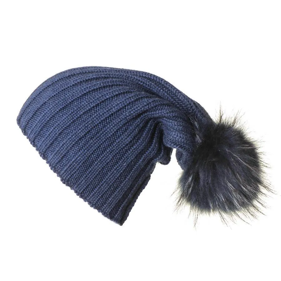 Navy Cashmere and Fur Pom Pom Hat