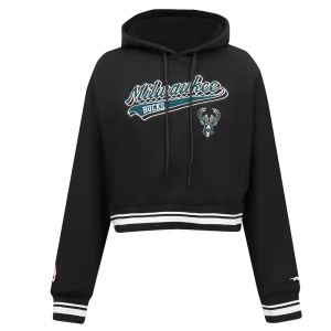NBA MILWAUKEE BUCKS SCRIPT TAIL WOMEN'S RIB FLC CROPPED PO HOODIE (BLACK)