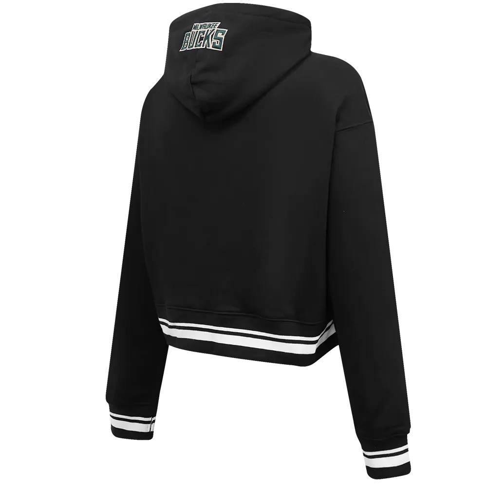 NBA MILWAUKEE BUCKS SCRIPT TAIL WOMEN'S RIB FLC CROPPED PO HOODIE (BLACK)