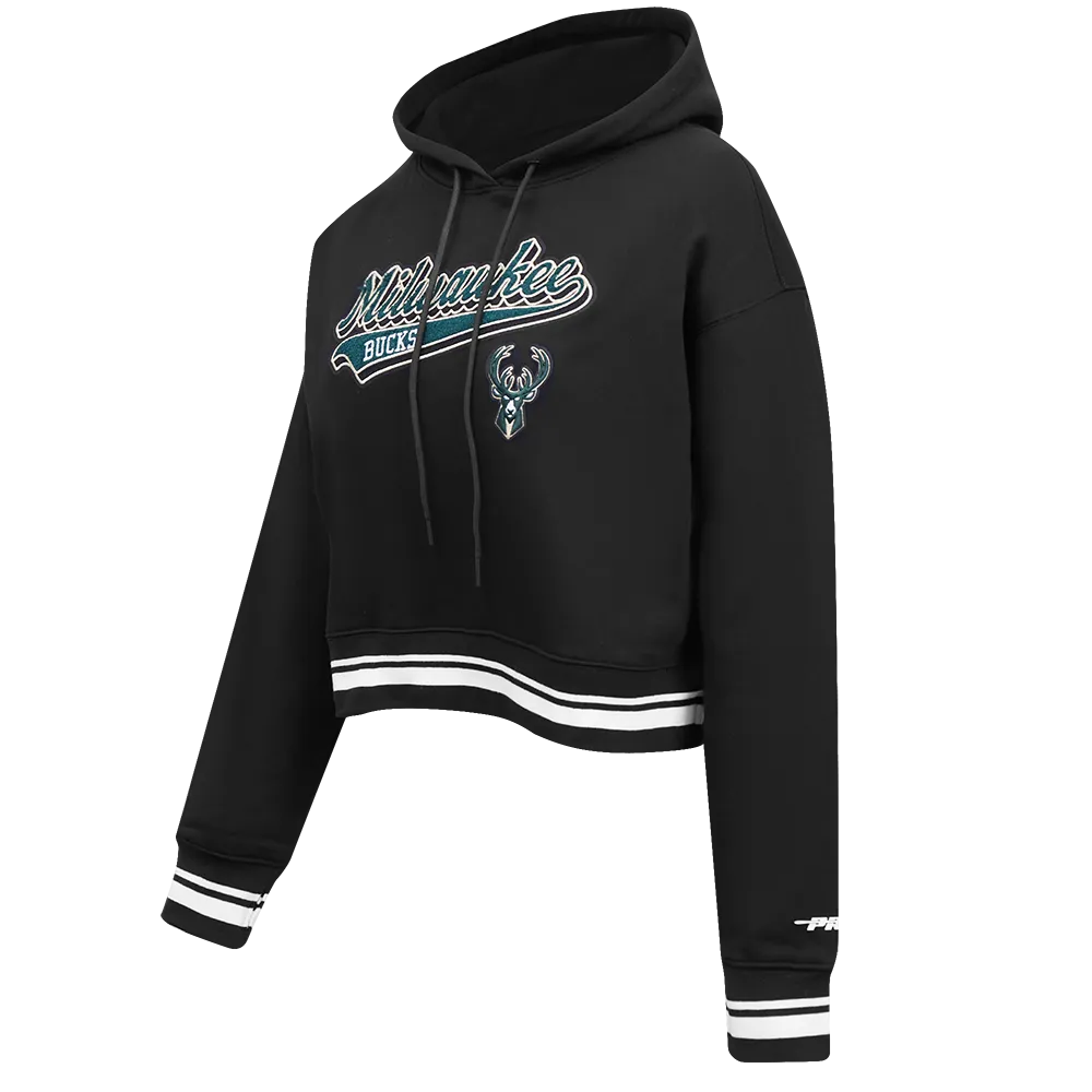 NBA MILWAUKEE BUCKS SCRIPT TAIL WOMEN'S RIB FLC CROPPED PO HOODIE (BLACK)