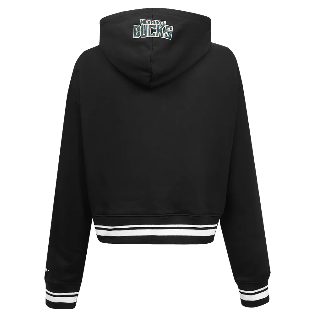 NBA MILWAUKEE BUCKS SCRIPT TAIL WOMEN'S RIB FLC CROPPED PO HOODIE (BLACK)
