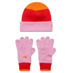New Era Youth Stripe Pastel Pink Beanie and Gloves Set