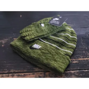 Nike Kids Army Green/Lines 2 pcs Beanie Hat Glove Set  Unisex OS