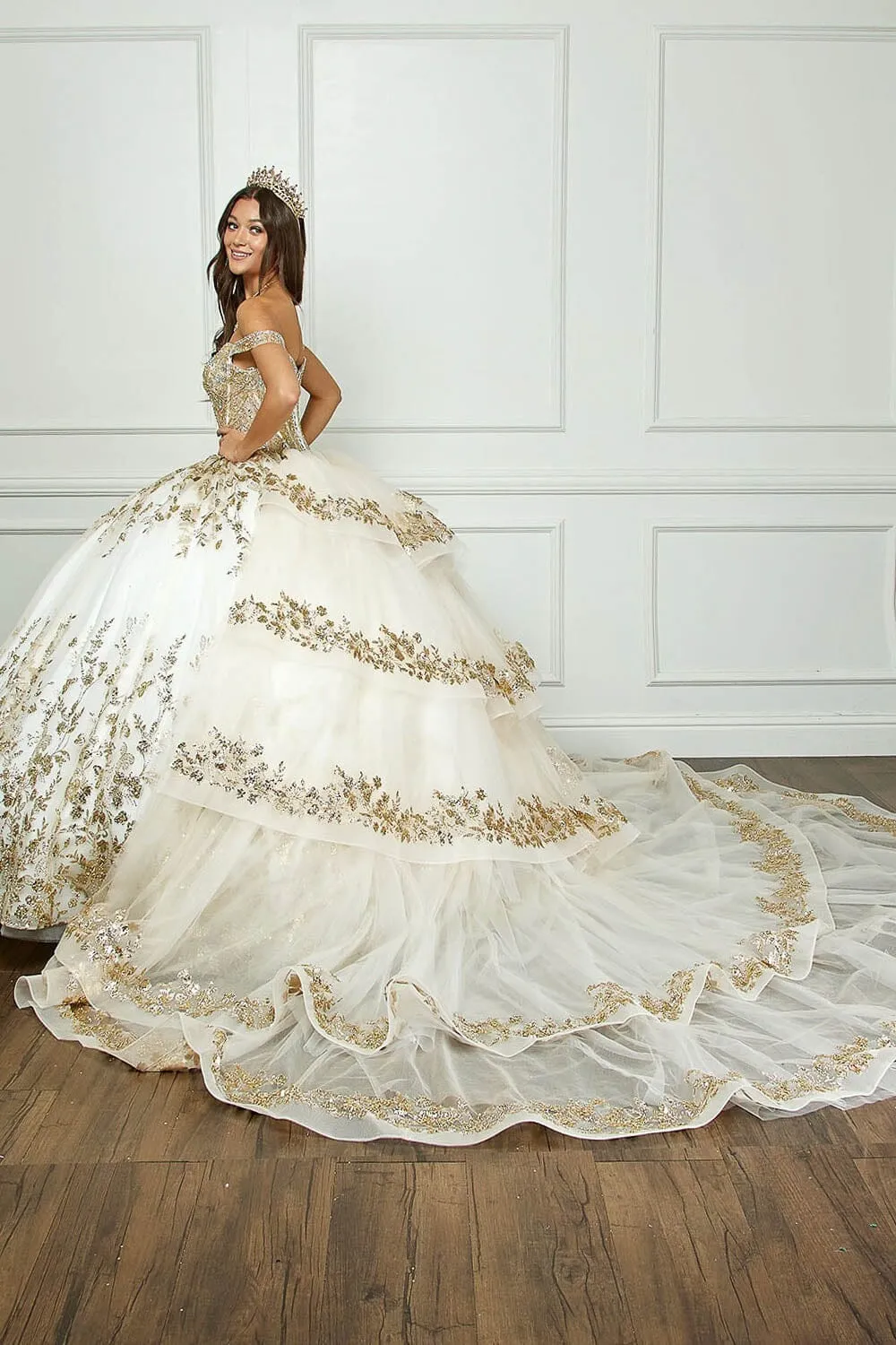 Off Shoulder Puff Sleeve Ball Gown by Petite Adele PQ1041