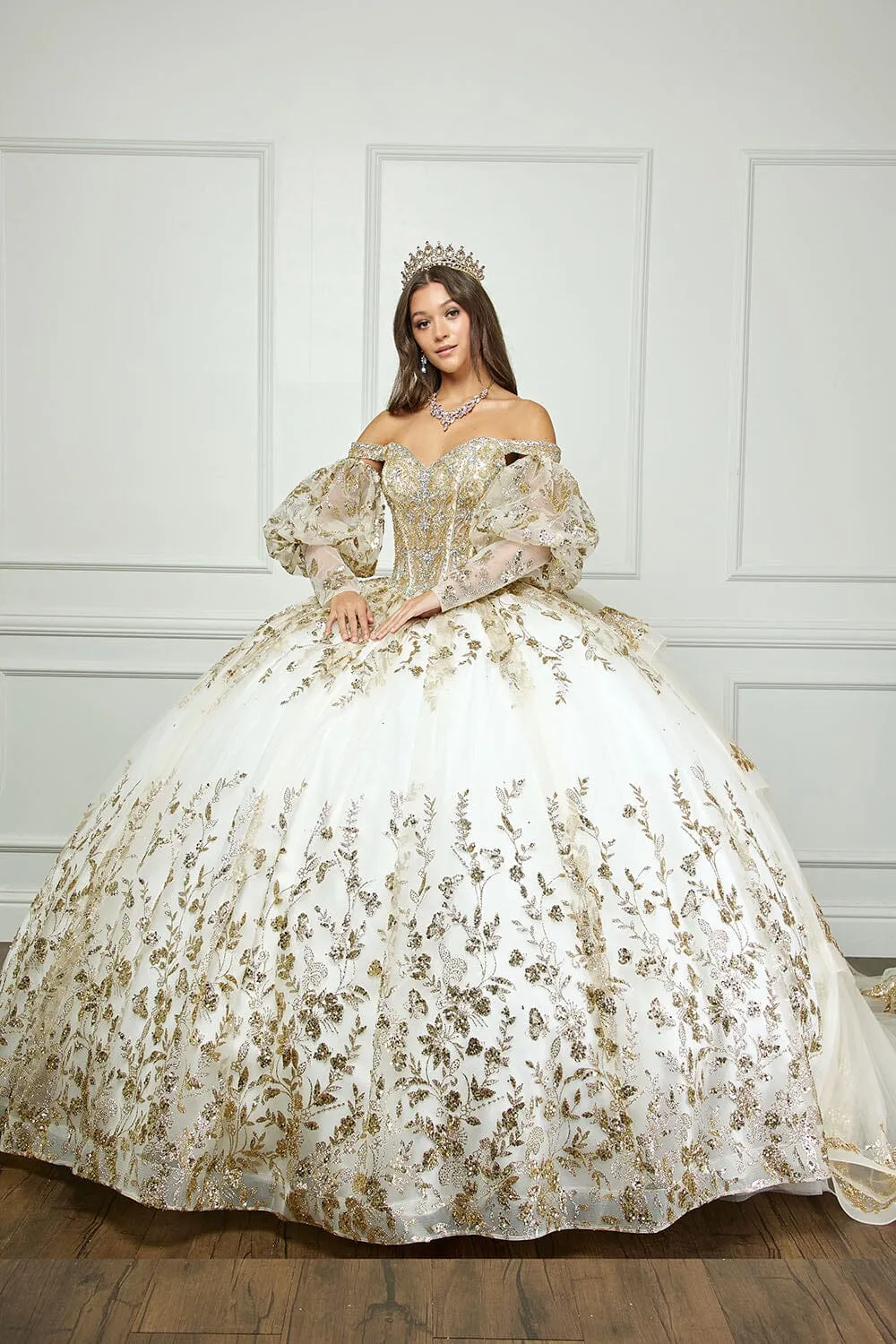 Off Shoulder Puff Sleeve Ball Gown by Petite Adele PQ1041