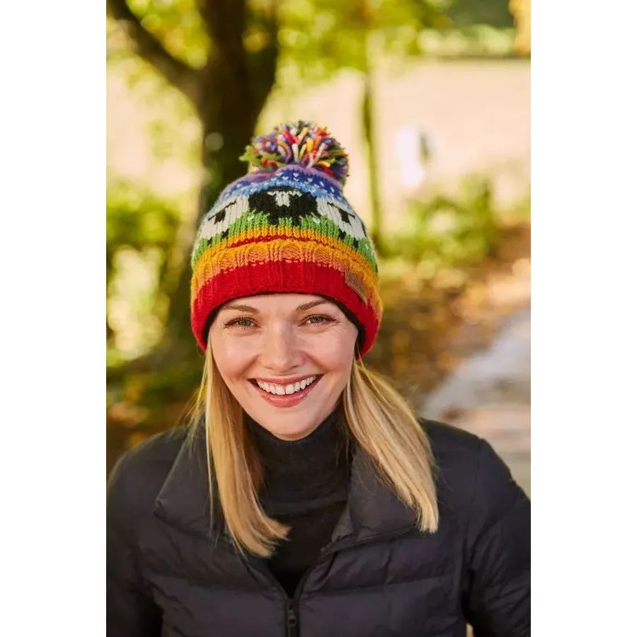 Pachamama Black Sheep Roll Back Bobble Beanie Rainbow