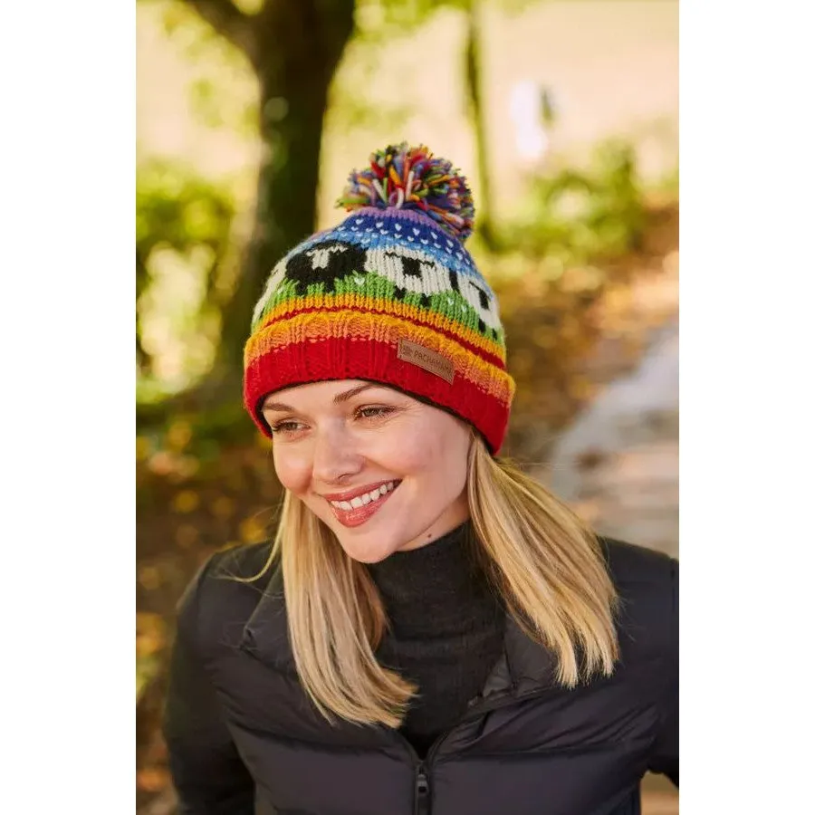 Pachamama Black Sheep Roll Back Bobble Beanie Rainbow
