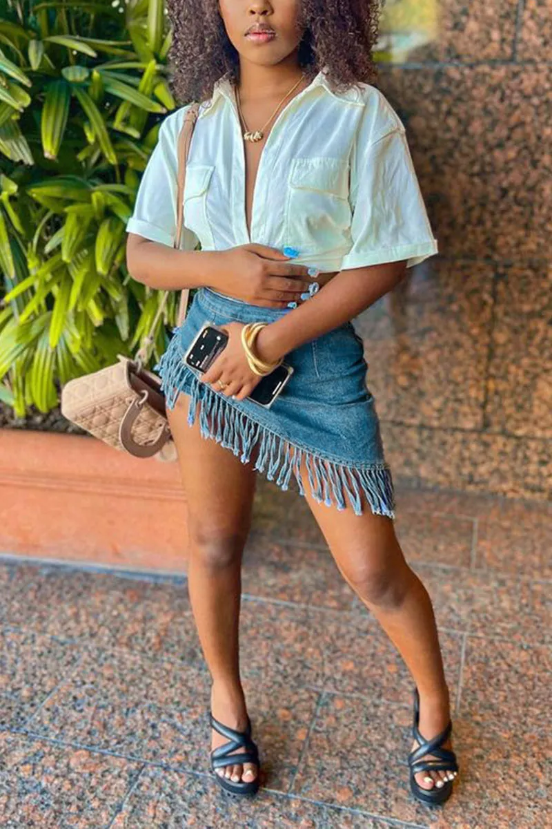 PD1011 Fringe Denim Asymmetric Shorts