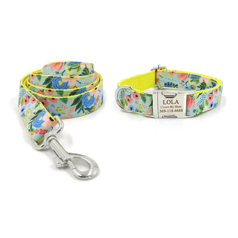 Personalized Dog Collar Engraved Metal Buckle Flower Cute for Girl Dogs - Yellow