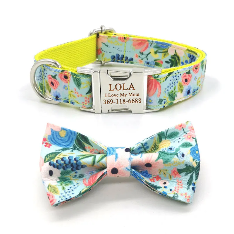 Personalized Dog Collar Engraved Metal Buckle Flower Cute for Girl Dogs - Yellow