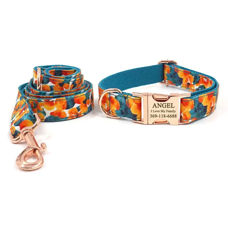 Personalized Dog Collar with Name Engraved Metal Buckle Cute Hawaii Blue