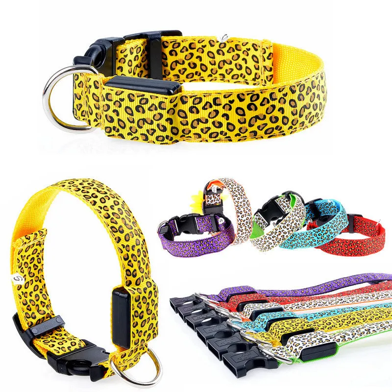 Pet Dog collar Leopard Nylon Safety LED Collar Colorful Flash Light Neck