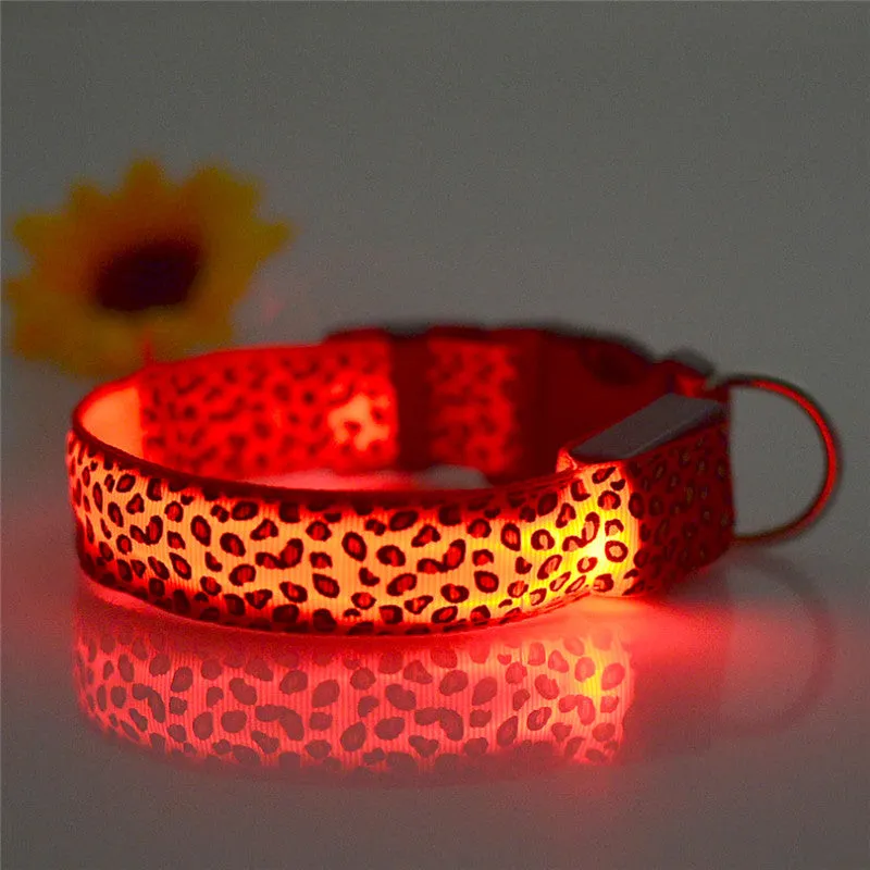 Pet Dog collar Leopard Nylon Safety LED Collar Colorful Flash Light Neck