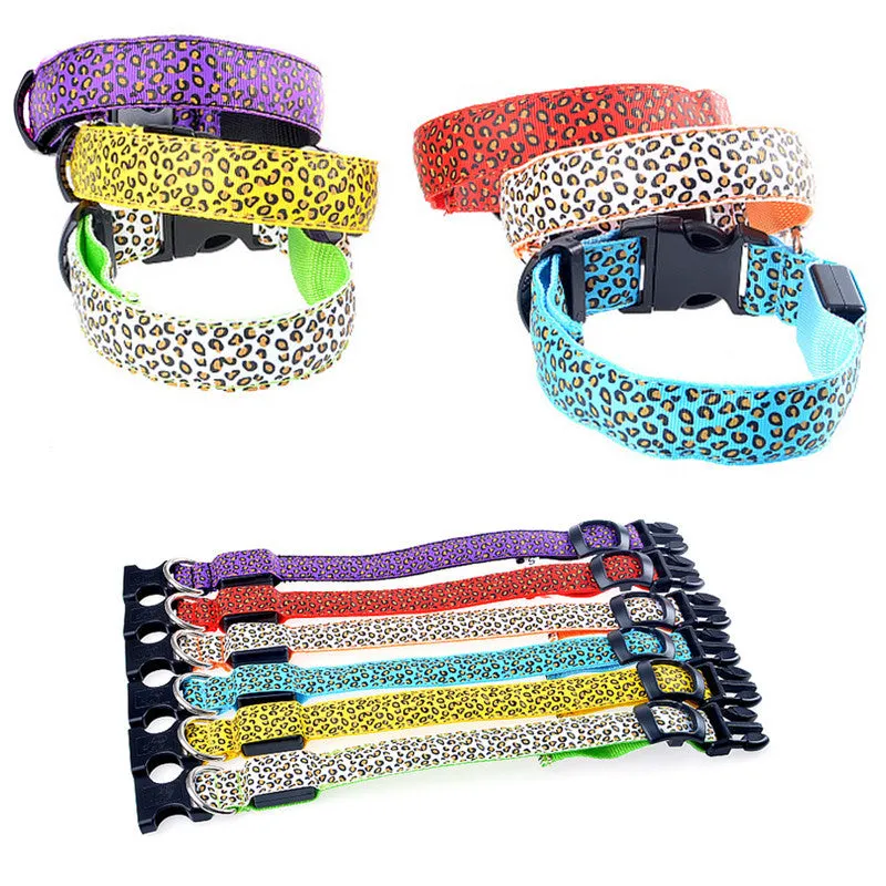 Pet Dog collar Leopard Nylon Safety LED Collar Colorful Flash Light Neck