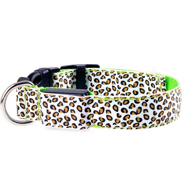 Pet Dog collar Leopard Nylon Safety LED Collar Colorful Flash Light Neck