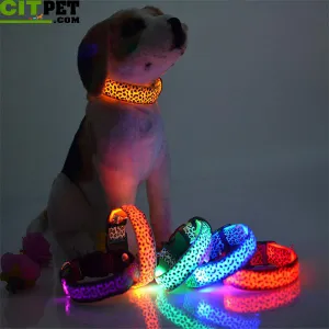 Pet Dog collar Leopard Nylon Safety LED Collar Colorful Flash Light Neck