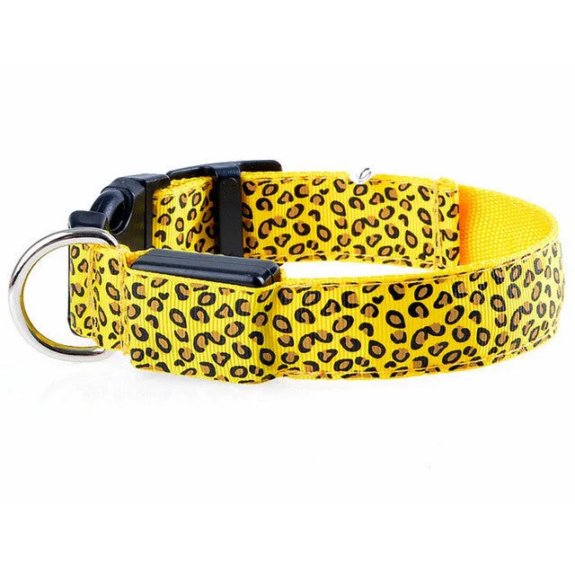 Pet Dog collar Leopard Nylon Safety LED Collar Colorful Flash Light Neck