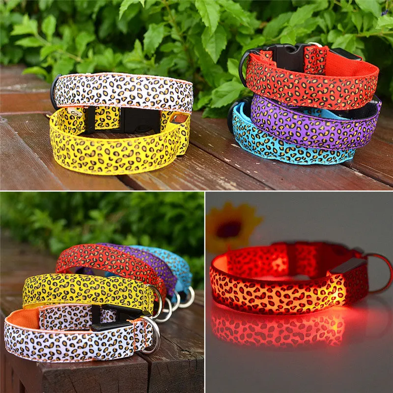 Pet Dog collar Leopard Nylon Safety LED Collar Colorful Flash Light Neck