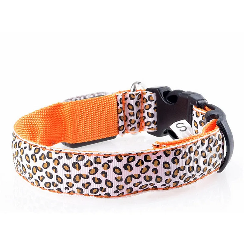 Pet Dog collar Leopard Nylon Safety LED Collar Colorful Flash Light Neck