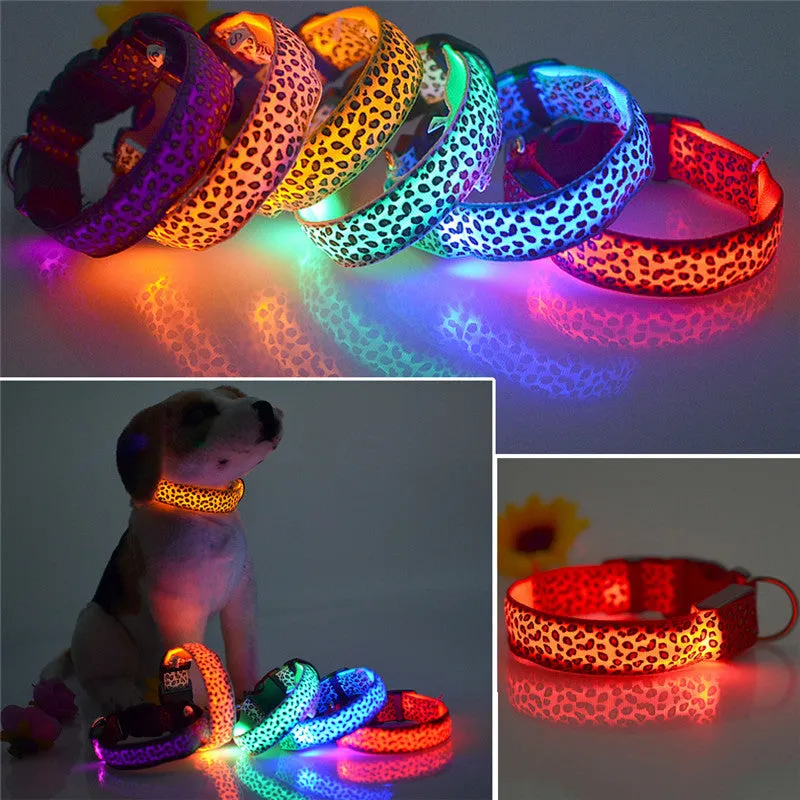 Pet Dog collar Leopard Nylon Safety LED Collar Colorful Flash Light Neck