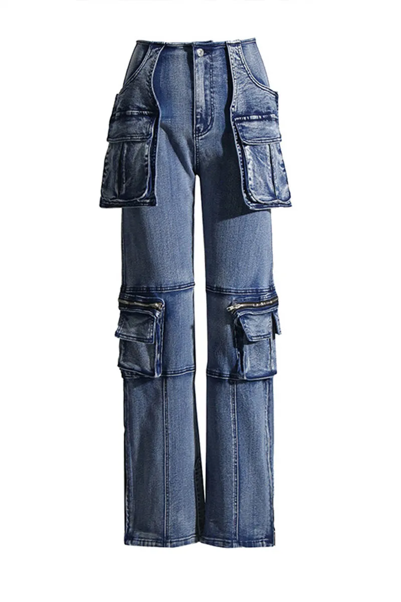 PF813 Denim Straight Leg Cargo Pants