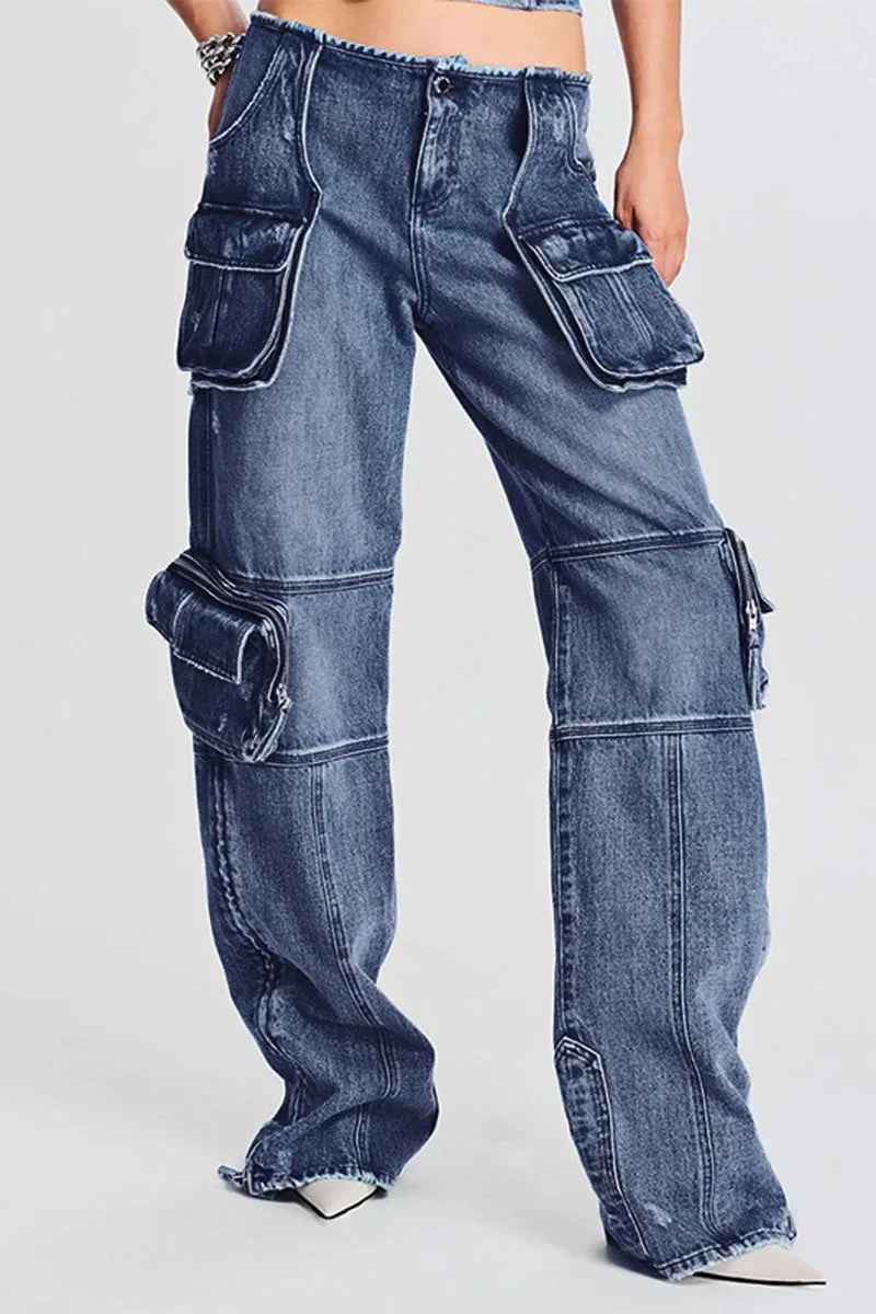 PF813 Denim Straight Leg Cargo Pants