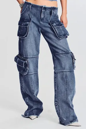 PF813 Denim Straight Leg Cargo Pants
