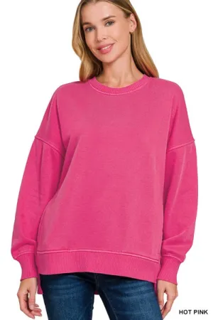 PIGMENT DYE FLEECE HI-LOW HEM PULLOVER WITH POCKET