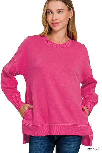 PIGMENT DYE FLEECE HI-LOW HEM PULLOVER WITH POCKET