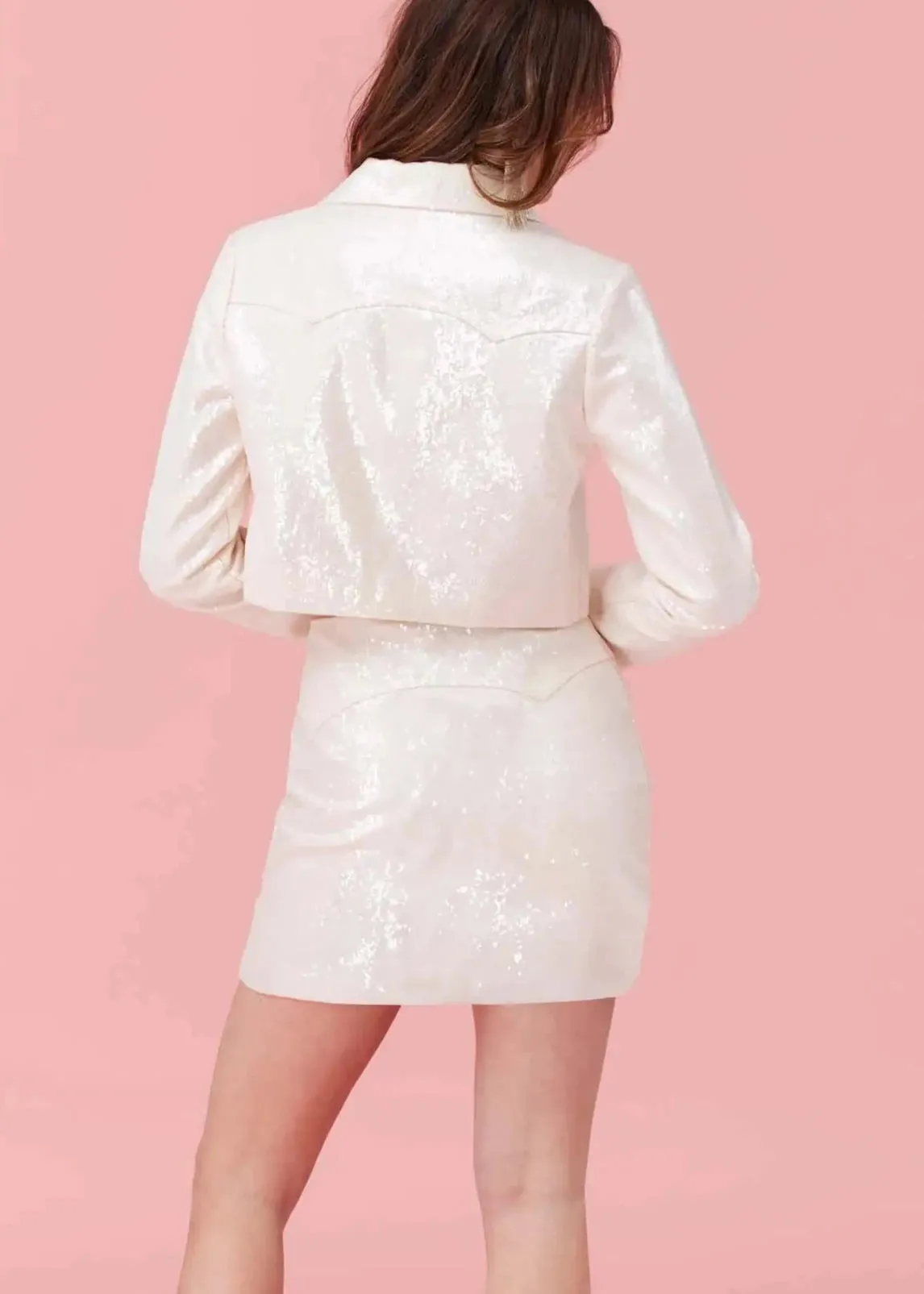 Pioneer Skirt | Disco Cowgirl Mini Skirt in White Sequin with Cropped Blazer Set