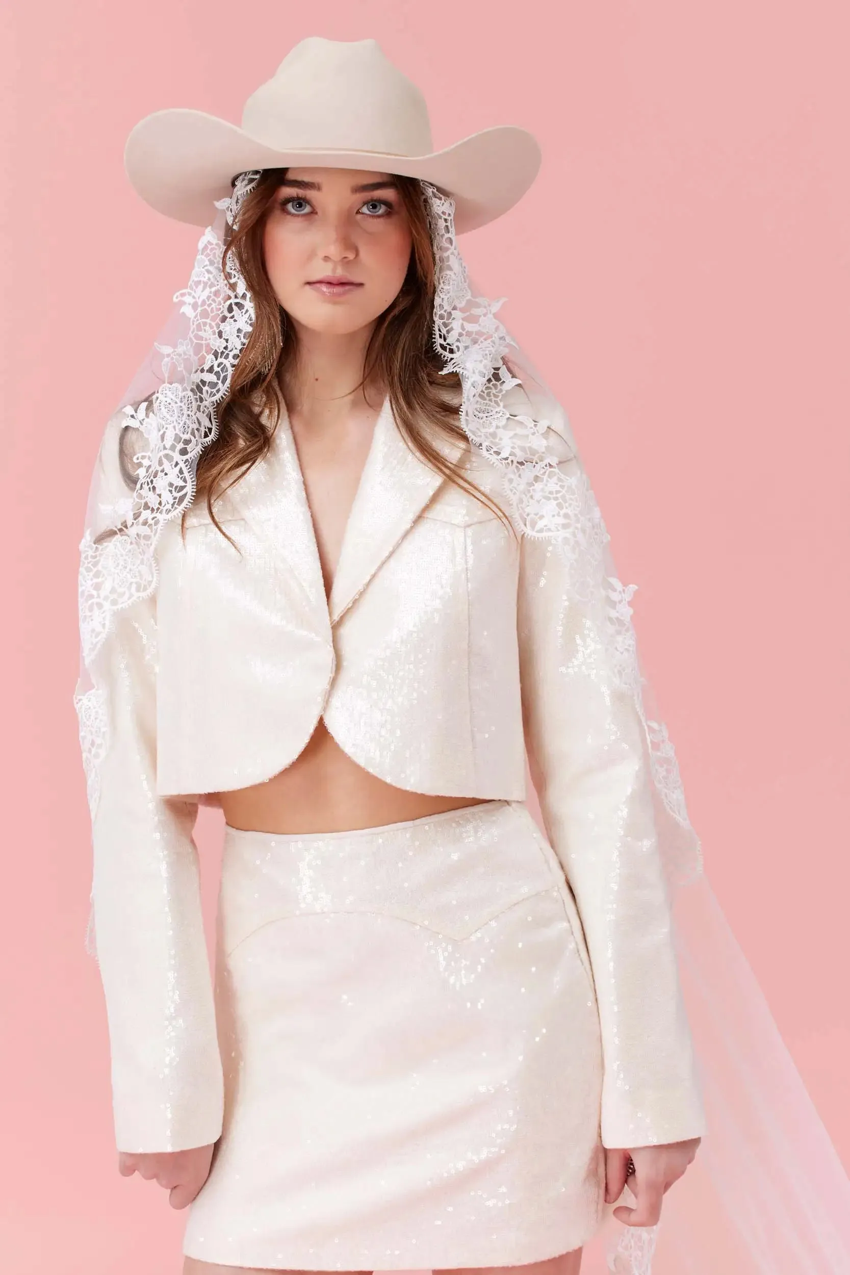 Pioneer Skirt | Disco Cowgirl Mini Skirt in White Sequin with Cropped Blazer Set