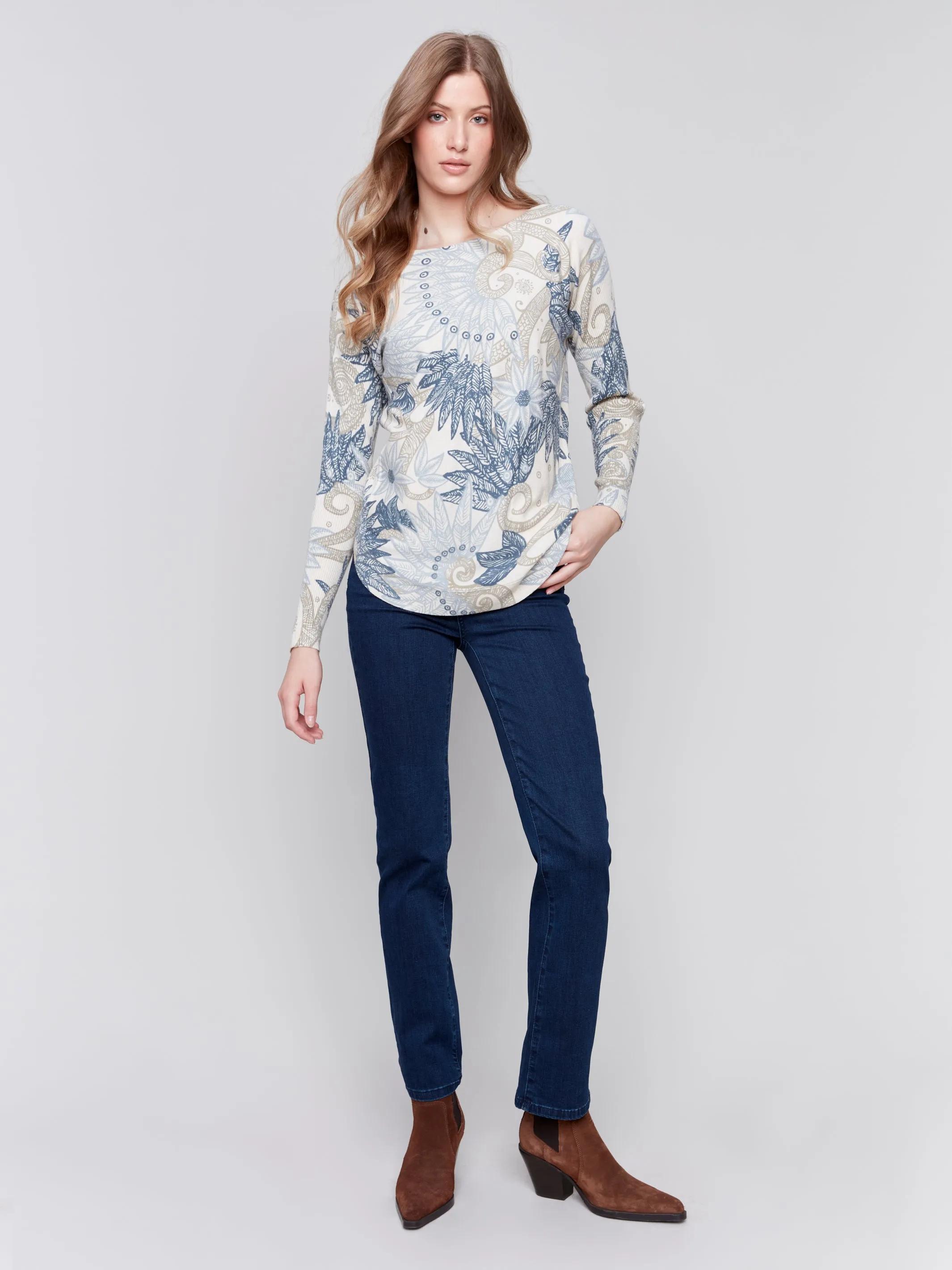 Plushy knit print sweater