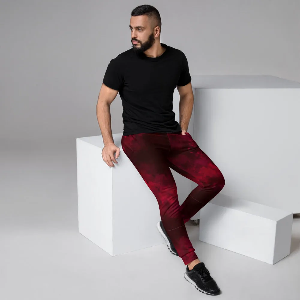 Red Abstract Men's Joggers, Dark Red Premium Slim Fit Sweatpants For Men-Made in EU/MX