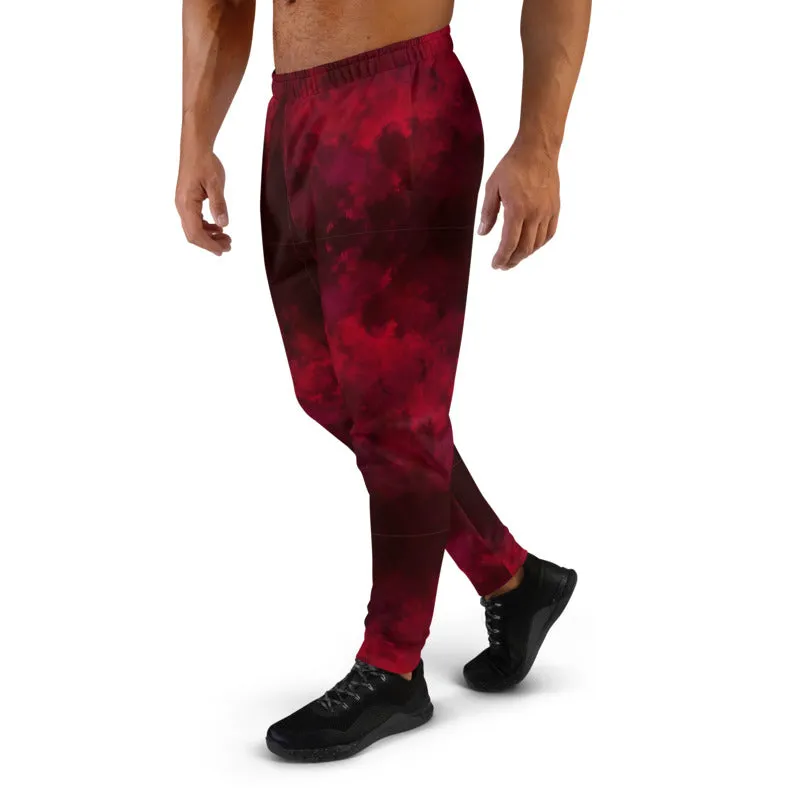 Red Abstract Men's Joggers, Dark Red Premium Slim Fit Sweatpants For Men-Made in EU/MX