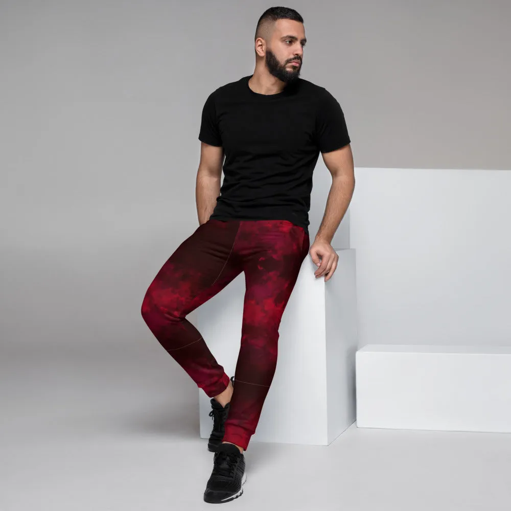 Red Abstract Men's Joggers, Dark Red Premium Slim Fit Sweatpants For Men-Made in EU/MX